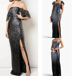 Marchesa Notte Ombré Sequin Gunmetal Column 3 In 1 Evening Gown NWT Size 6